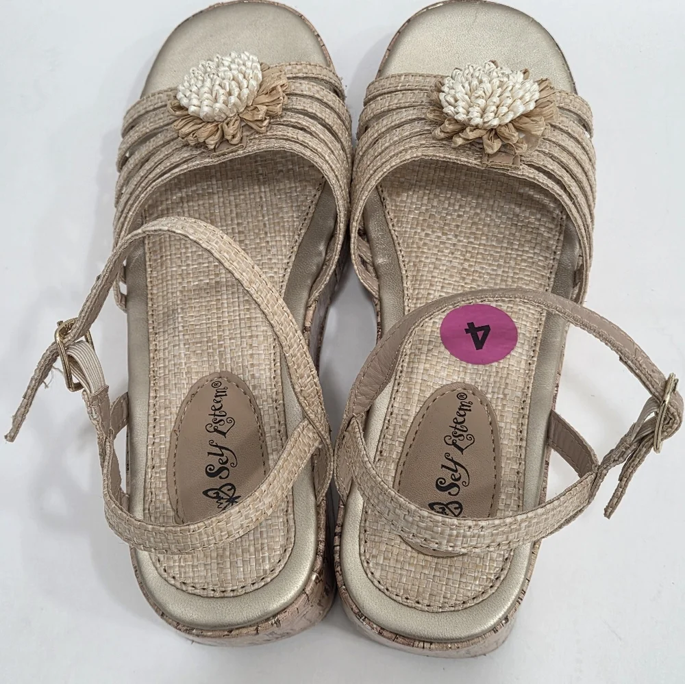 Self Esteem Beige Braided wedges Sandals Sz 4 Big Girls